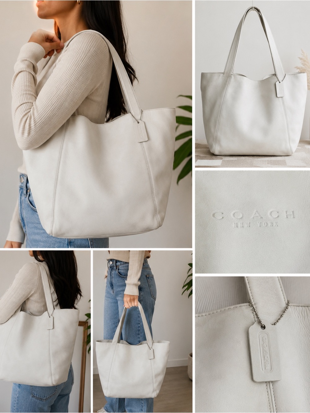 Coach White Leather Tote Bag | Large Shoulder Bag | Genuine Leather